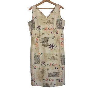 NWT Sun Moda Linen Blend Tan Floral Vacation Dress Travel Resortwear Size Medium